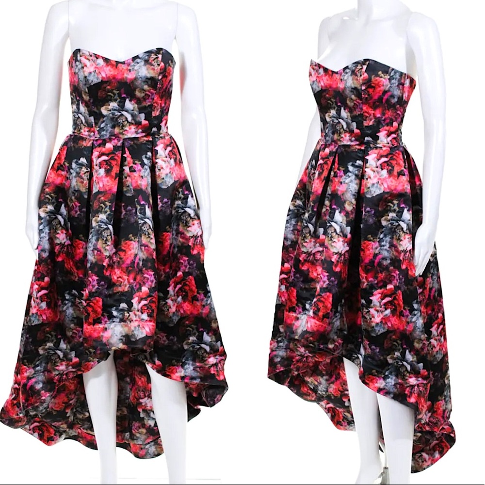 Parker • Floral Abstract High-Low Tiered Gown Pink Black • Size 2